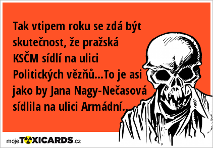 Tak vtipem roku se zdá být skutečnost, že pražská KSČM sídlí na ulici Politických vězňů...To je asi jako by Jana Nagy-Nečasová sídlila na ulici Armádní..