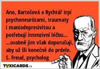 Ano, Bartošová a Rychtář trpí psychoneurózami, traumaty i maniodepresivitou a potřebují intenzivní léčbu... ...osobně jim však doporučuji, aby už šli konečně do prdele. S. Freud, psycholog